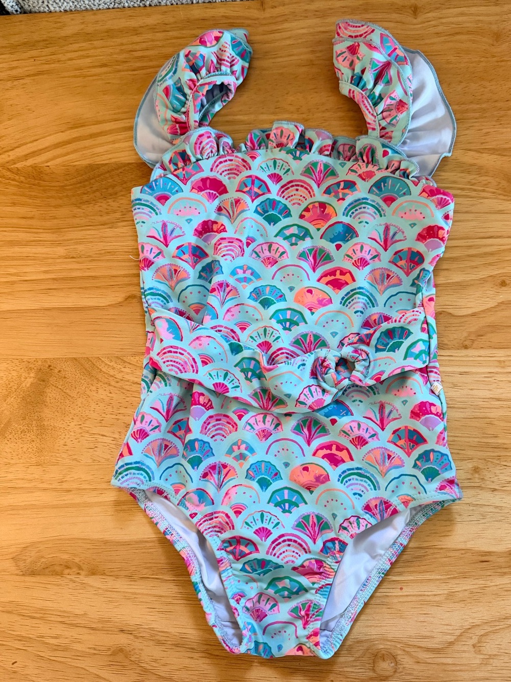 SweetHoney Seashell Aqua & Pink Ruffled Kids One-Piece Swimsuit